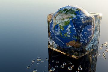 the earth in an ice cube that melts - 3D Illustration