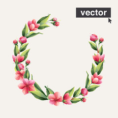 Wreath illustration with Sakura blooming flowers. Vector realistic watercolor style. Pink apple blossom, petals, branch, and green leaves.