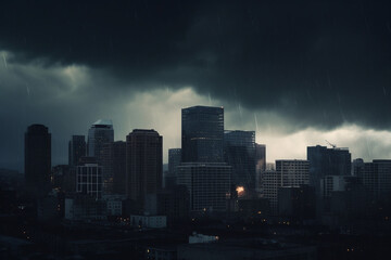 Fototapeta na wymiar Financial Storm: City Skyline during Bank Run with Thunder and Lightning