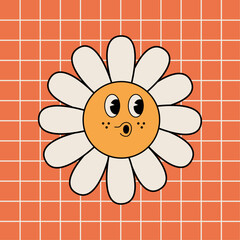 Chamomile face in groovy, retro and trippy styles. Cartoon face. Hippie 60s, 70s. On an orange background