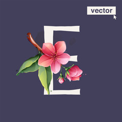 E letter logo with Sakura blooming flowers. Vector realistic watercolor style. Pink cherry petals, bud, branch, and green leaves.