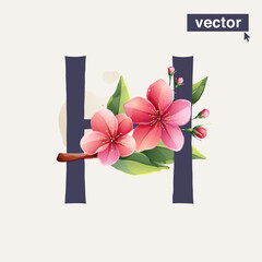 H letter logo with Sakura blooming flowers. Vector realistic watercolor style. Pink cherry petals, bud, branch, and green leaves.