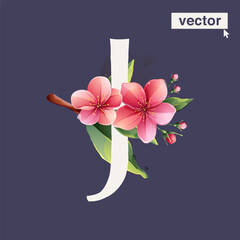 J letter logo with Sakura blooming flowers. Vector realistic watercolor style. Pink cherry petals, bud, branch, and green leaves.