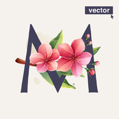 M letter logo with Sakura blooming flowers. Vector realistic watercolor style. Pink cherry petals, bud, branch, and green leaves.