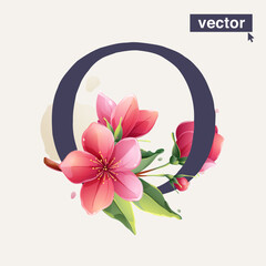 O letter logo with Sakura blooming flowers. Vector realistic watercolor style. Pink cherry petals, bud, branch, and green leaves.