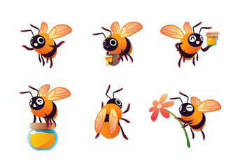 cute bee character vector illustration isolated mascot set with honey pot and organic honey bottle