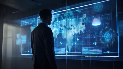 Back view silhouette of modern businessman interacting with futuristic touch screen panel. Cyberspace with lots of data. Digital hologram ui. Sci-fi blue background. AI generative image.