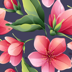 Retro seamless pattern with Sakura blooming flowers, pink cherry blossom, branches.