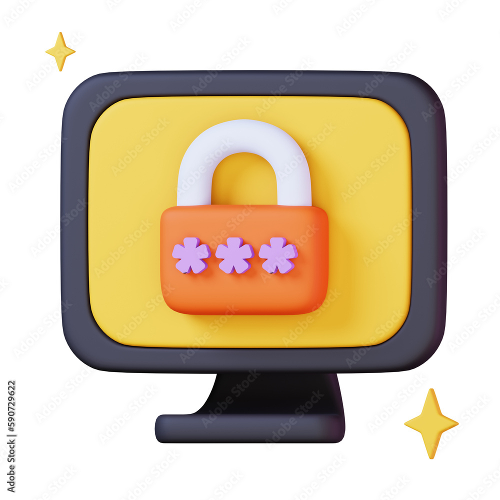 Poster authorization on screen desktop. padlock and password on screen computer isolated on white backgroun