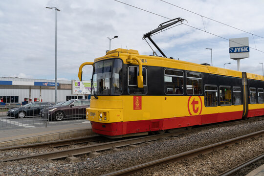 Alstom Konstal 116Na type tram wagon, in service for Warsaw Trams Tramwaje Warszawskie company, ZTM Warszawa Public Transport Authority tramway on March 25, 2023 in Warsaw, Poland.