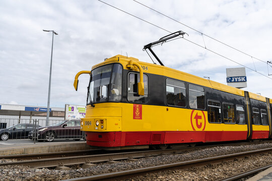 Alstom Konstal 116Na type tram wagon, in service for Warsaw Trams Tramwaje Warszawskie company, ZTM Warszawa Public Transport Authority tramway on March 25, 2023 in Warsaw, Poland.