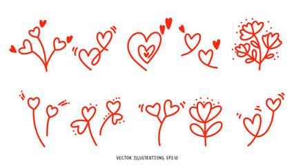 Flower heart shape hand drawn elements , flat Modern design isolated on white background ,Vector illustration EPS 10