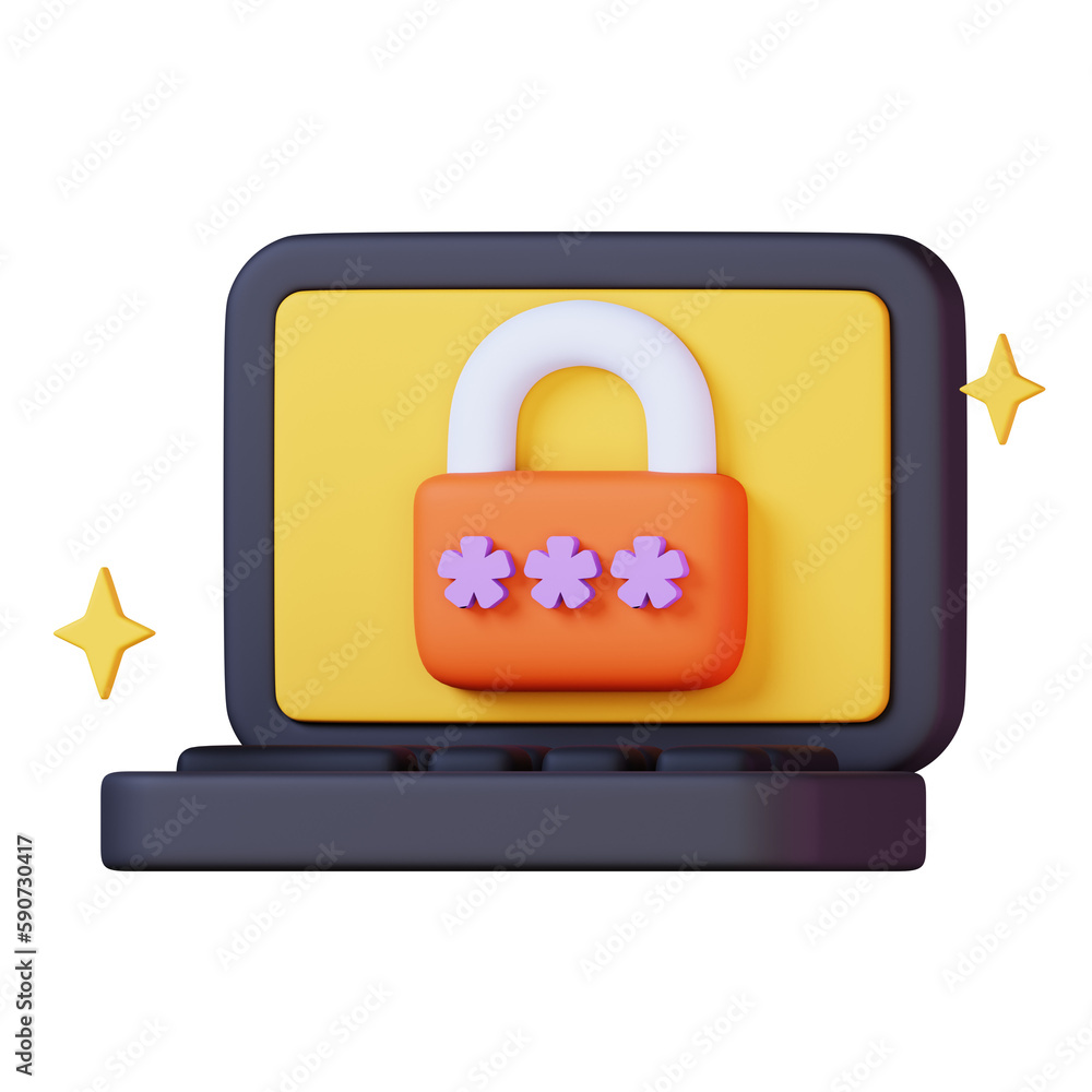 Poster authorization form on screen laptop. padlock and password on screen computer isolated on white backg