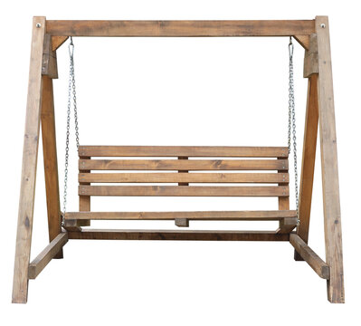 Garden bench seat wooden porch swing bench with metal chain, with armrests and backrest solid wood leisure rocking chair swing hanging chair. Outdoor furniture isolated on white background