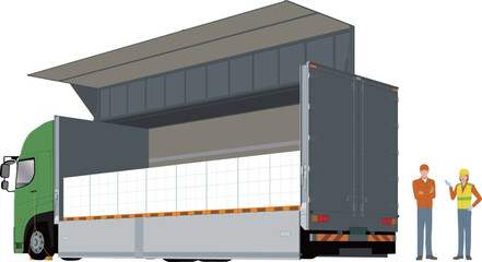 ウイングトラックと運送会社スタッフと積み込まれた荷物のイラスト