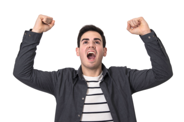 man euphoric and with enthusiasm celebrating isolated in background white