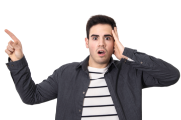 male young pointing out with the finger isolated in background white