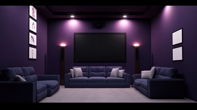 Theater room with a blank picture frame on a dark purple wall with multiple plush seating created with generative AI technology