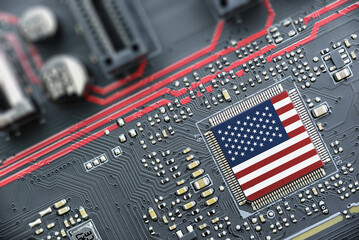 Flag of USA on a processor, CPU Central processing Unit or GPU microchip on a motherboard. Congress...
