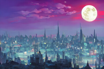 Fototapeta na wymiar dreamy night city skyline with a giant moon