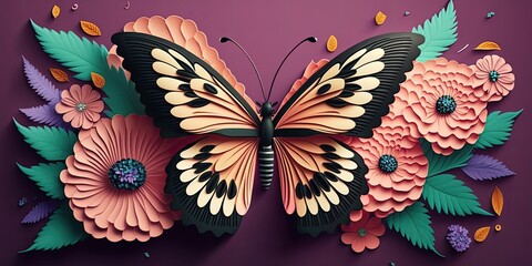 3d papercut Beautiful butterfly ai generative with violet background