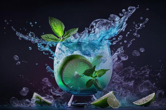 Blue background with a glass of a fresh mojito cocktail made with lime, mint and ice. A frozen cocktail created in a studio complete Generative AI technology with Generative AI technology

