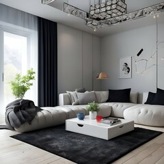 modern living room with black and white property, generative ai