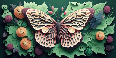 3d papercut Beautiful butterfly ai generative with gree background