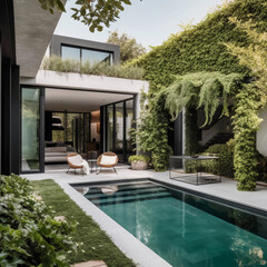 Fototapeta premium Beautiful Modern House with Small Pool in Garden - Luxury Living - Generative AI