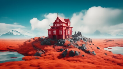 Fototapeta na wymiar Fantasy Iceland with a Red Big House