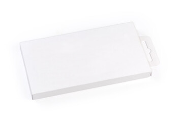 White cardboard hang tab packing box on a white background