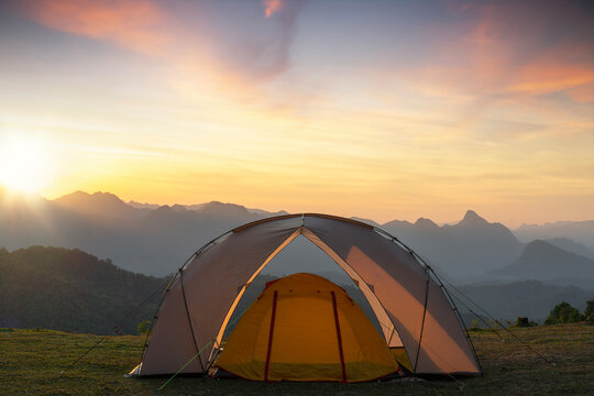 Orange tent in camping area in top at Tak, North of Thailand in winter season