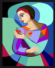 Colorful background, cubism art style,Woman with apple