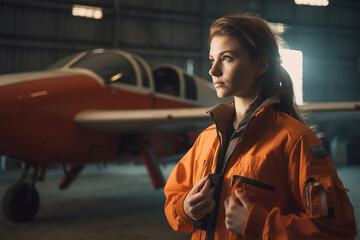 woman in traditional male dominant job - Airplane technician. Generative AI