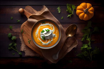 Pumpkin soup with cream and parsley on dark wooden background. AI Generative
