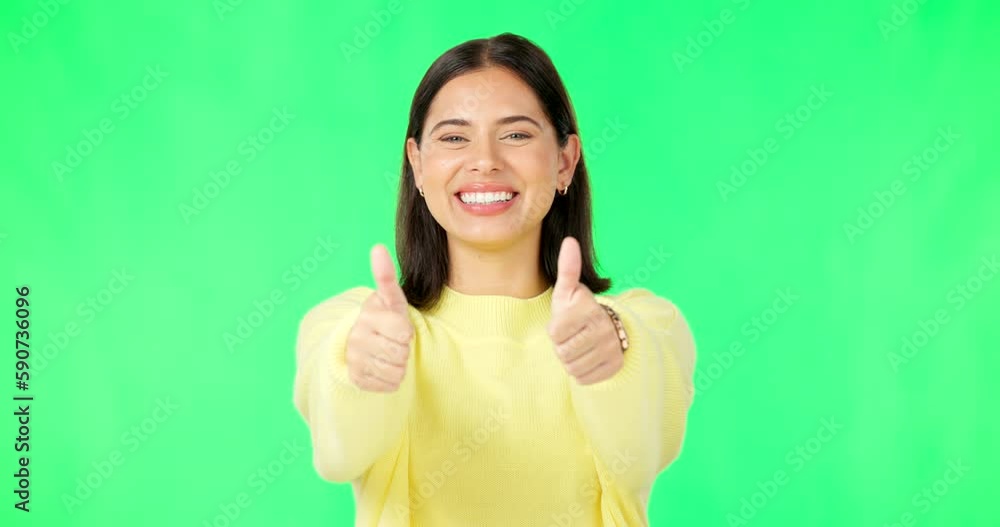 Poster Happy woman, hands and thumbs up on green screen for winning, success or agreement against a studio background. Portrait of female with smile showing thumb emoji, yes sign or like on chromakey mockup