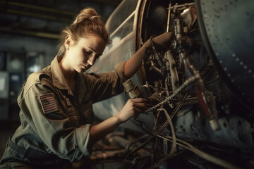 Fototapeta na wymiar woman in traditional male dominant job - Airplane technician. Generative AI