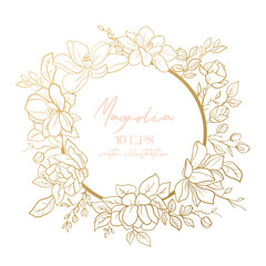 Wedding or party invitation template with gold round frame with magnolia flowers.