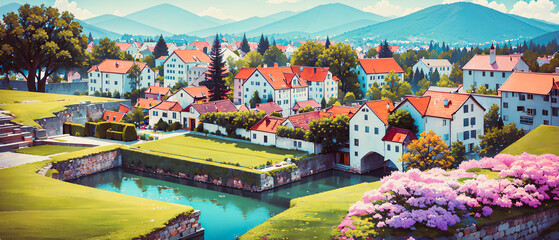 A spring valley surrounded by small mountains, with several buildings at the center, some trees, and beautiful weather. Generative AI.