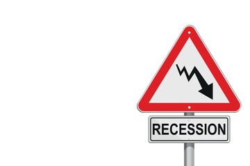 Recession Road sign warning concept with arrow showing slowdown of economic growth, on isolated background, and editable blank space. 