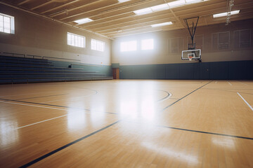 Empty, Sunlit Gymnasium in a High School: Where Memories Were Made - obrazy, fototapety, plakaty