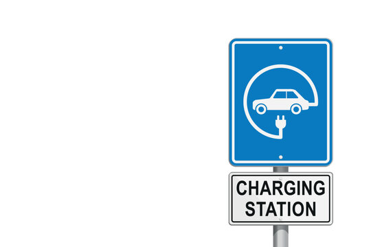 Charging station road sign with pole and signboard, on isolated background. Editable blank space area.