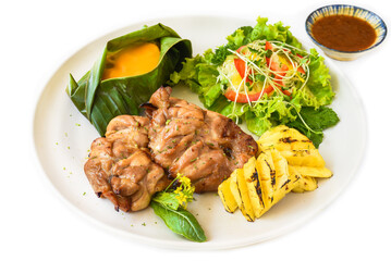 Vietnamese chicken boneless legs with baby corn under cheese, salad and grilled pineapple