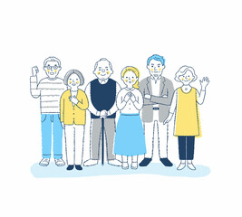 笑顔のシニア世代の男女6人　全身