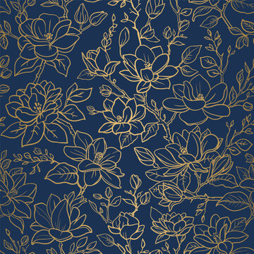 Seamless vector vintage gold floral pattern magnolia branches with flowers and leaves