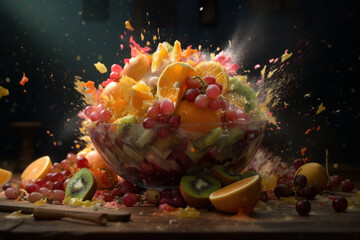 Healthy and light fruit salad bowl with a mix of juicy fruits, high in fiber and antioxidants. A perfect low-calorie snack for a busy day. AI Generative.