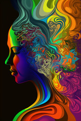 Fototapeta na wymiar close up of womans face and head colorful colored painting. generative ai.