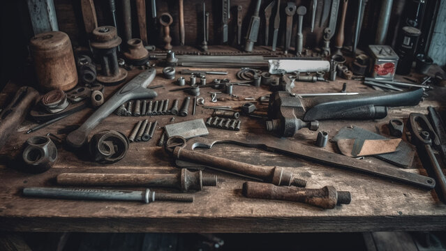 a close-up of a variety of tools and tools on a wooden table