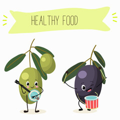 Illustration with funny characters olives. Funny and healthy food. Vitamins, cute face food, ingredients, vegetarian, vector cartoon, agriculture, raw.