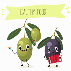 Illustration with funny characters olives. Funny and healthy food. Vitamins, cute face food, ingredients, vegetarian, vector cartoon, agriculture, raw.